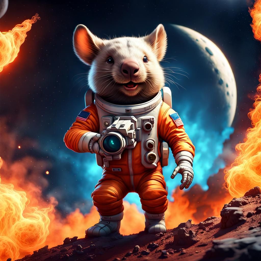 Astronaut Wombat Fires Turret in Burning Spaceship