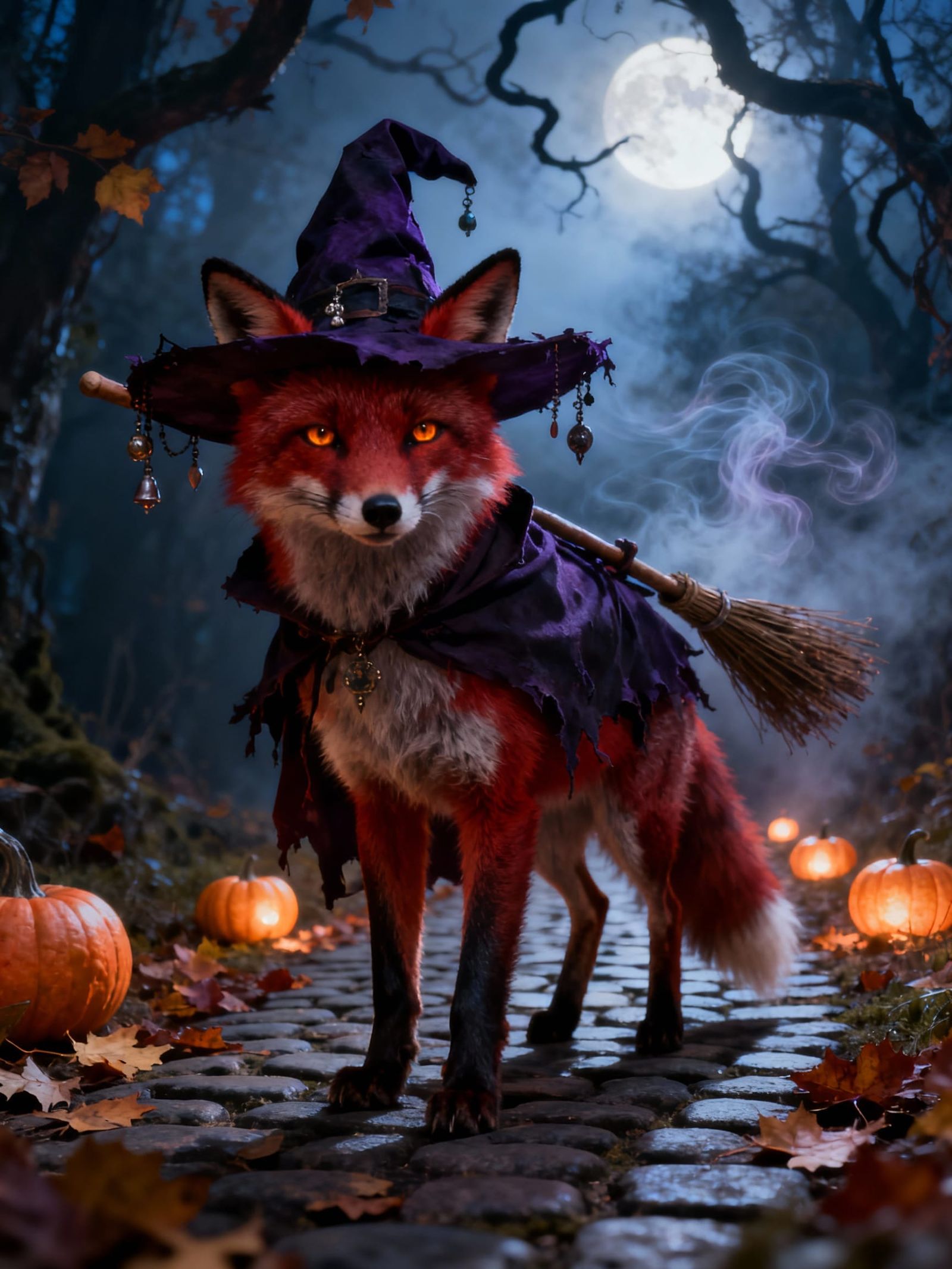 Red Fox Witch in Enchanted Forest at Twilight
