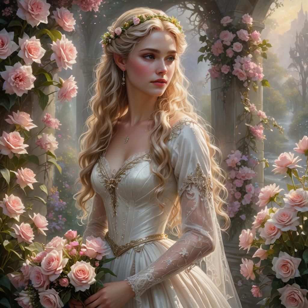 Ethereal Elf Princess with Flowers in Fantasy Scene