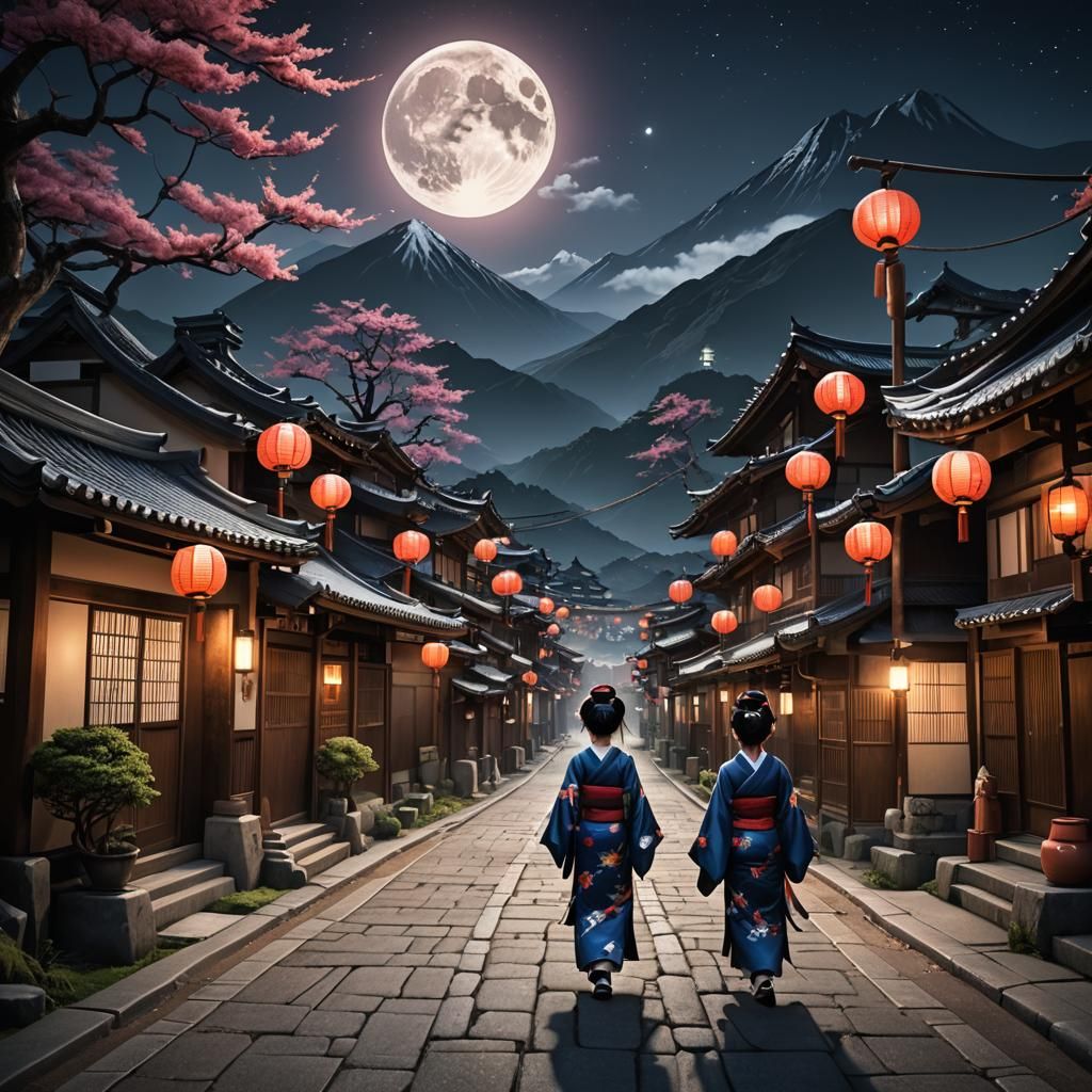 Japanese Village Street at Night with Geishas