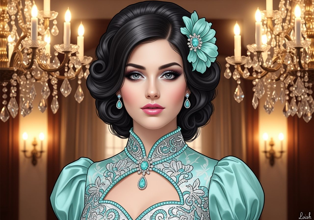 Elegant Woman in Aqua Dress, Art Nouveau Style