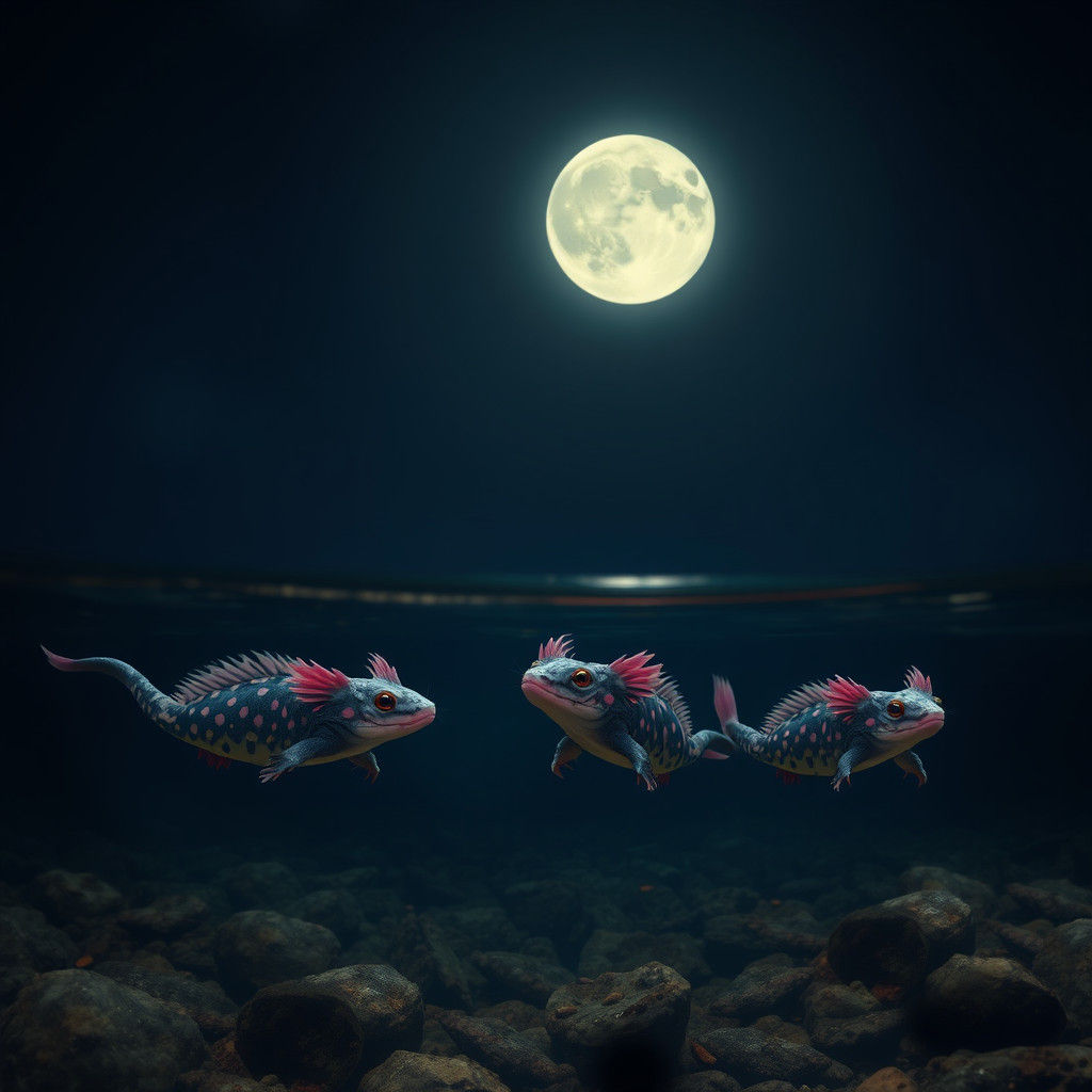 Axolotl Family Swimming in Moonlight