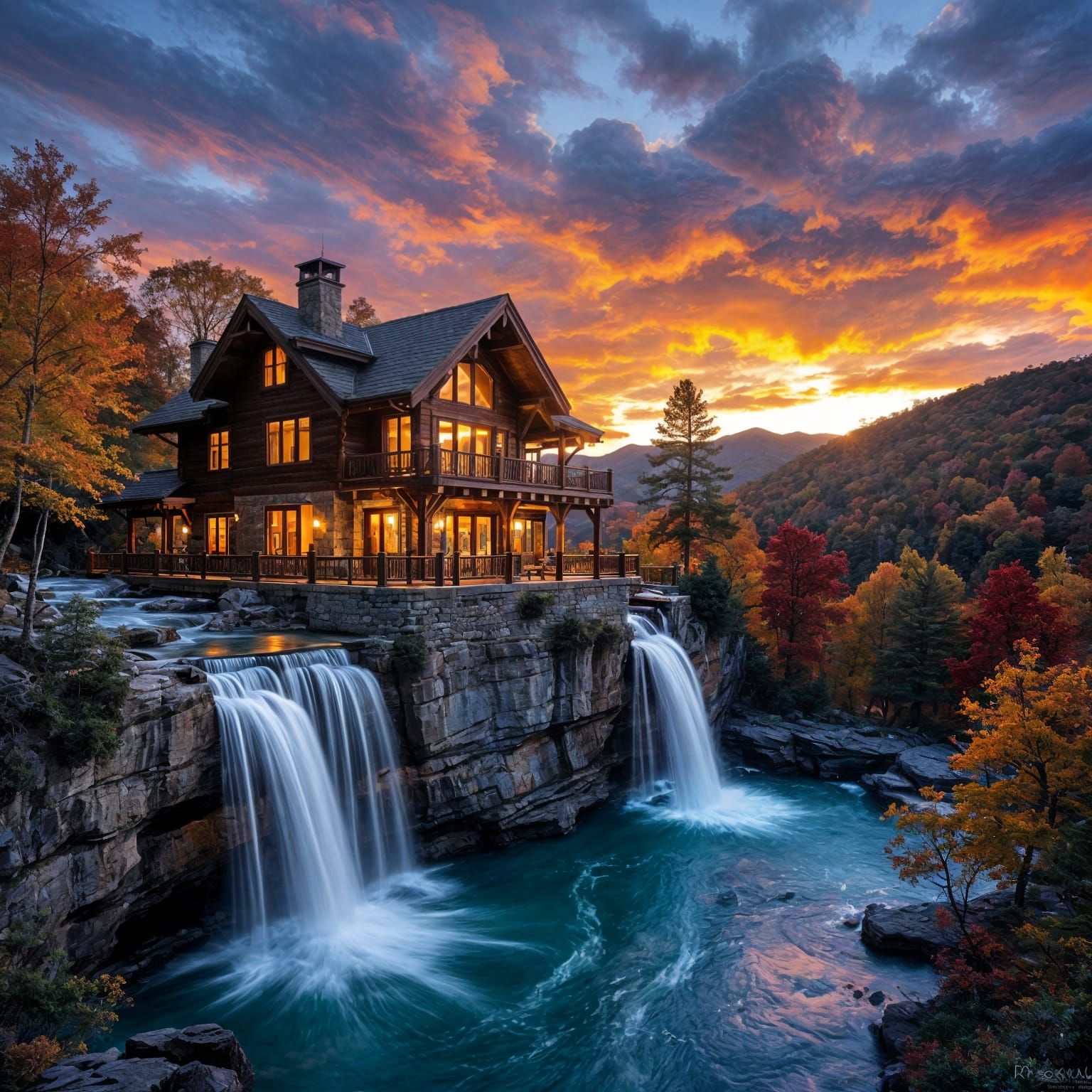 Autumn Mountain Cabin by Thundering Waterfall at Sunset