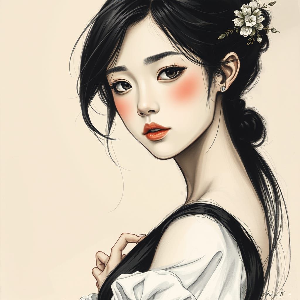 Ethereal Charcoal Portrait in Art Nouveau Style