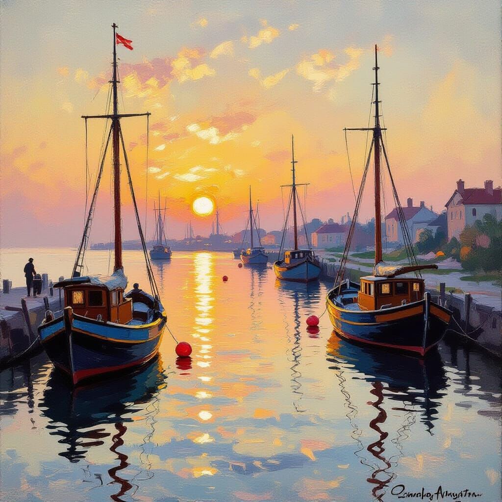 Sunrise Harbor Scene with Fishing Boats