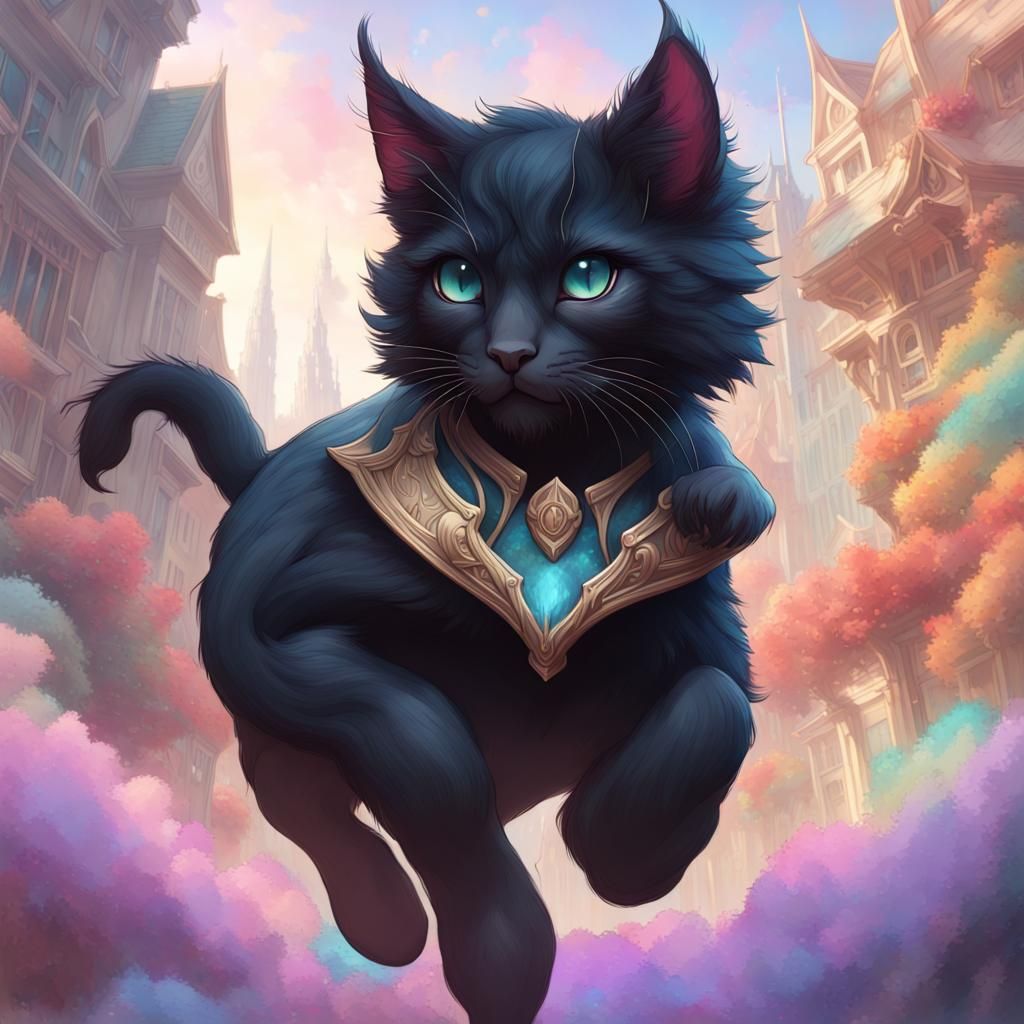 Senpai Rides Kitten in Unicorn Fantasy, Detailed Art