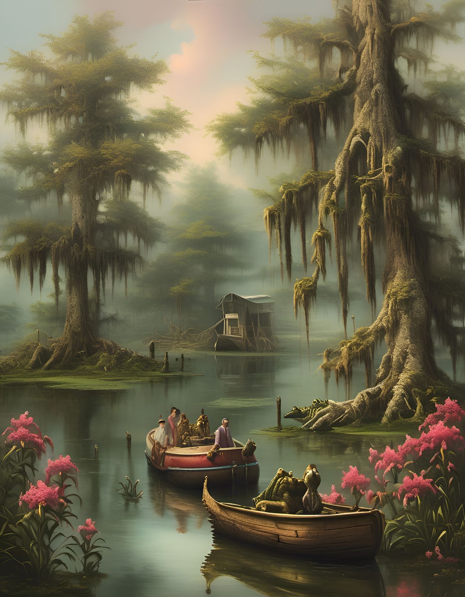 Misty Cypress Swamp with Alligator and Sunken Boat