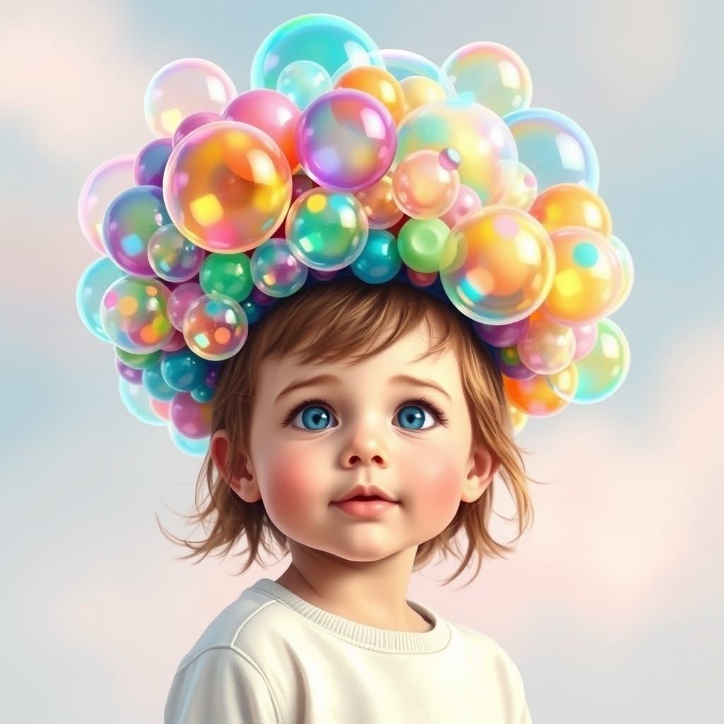 Child Wears Hat of Shimmering Soap Bubbles
