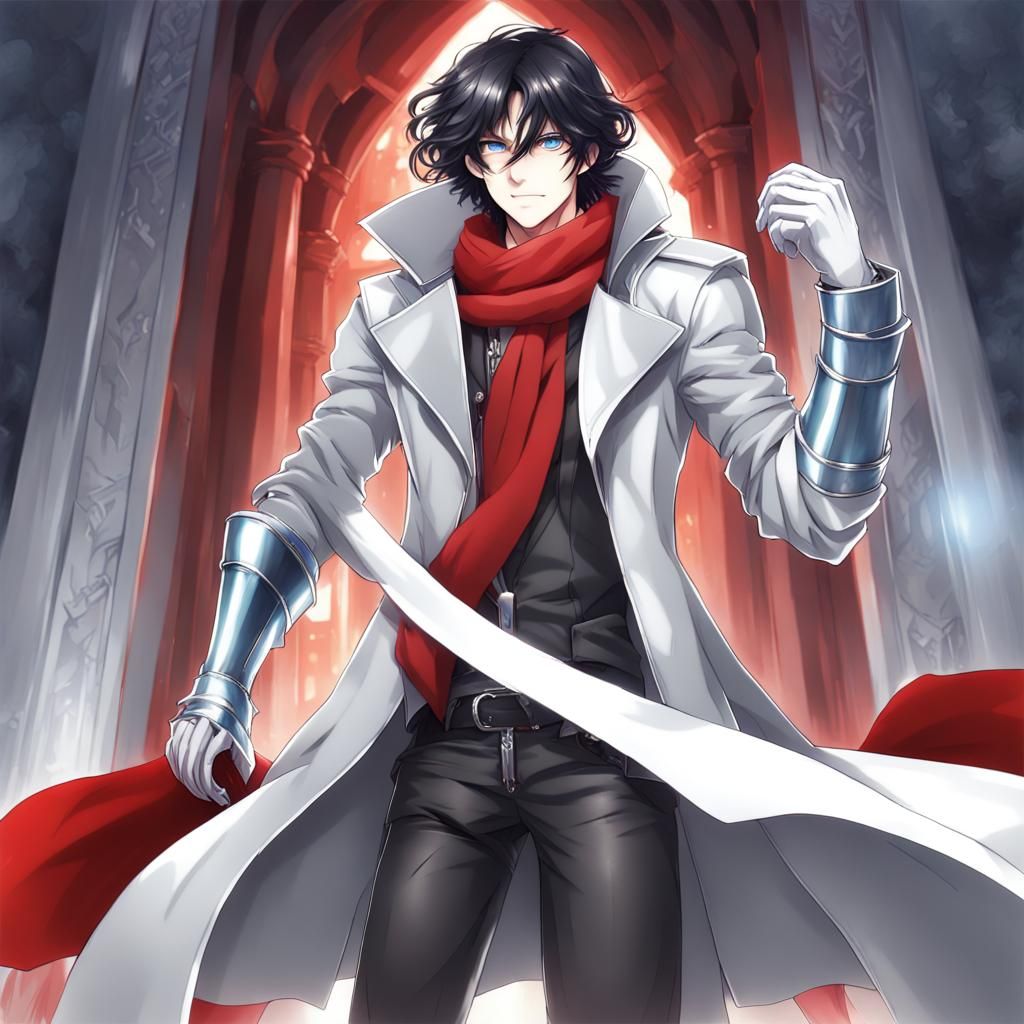 Anime Style Man with Coat, Scarf and Gauntlets