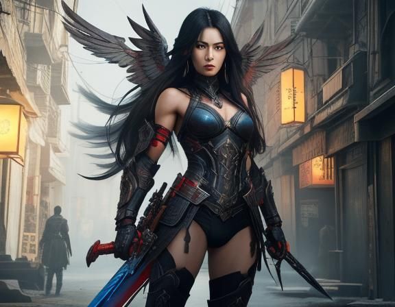 Dystopian Warrior with Sword in Surreal Setting