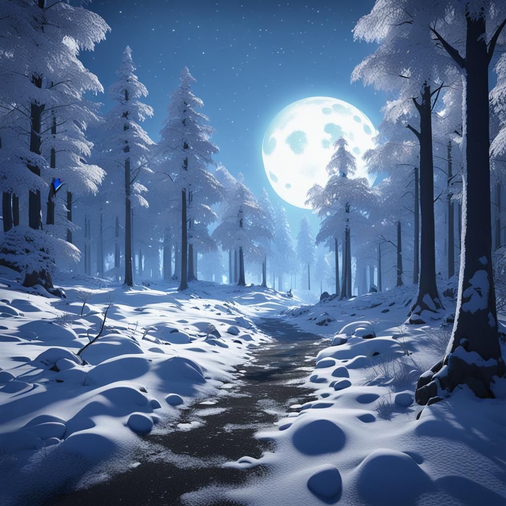 Blue Moon Shines in Snowy Forest: 3D Render