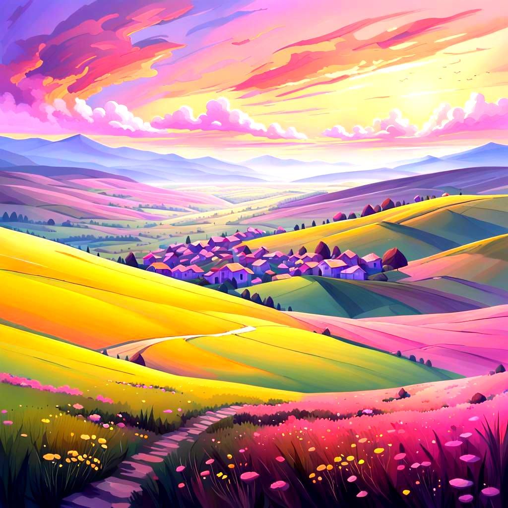 Dreamy Village Sunset with Rolling Hills