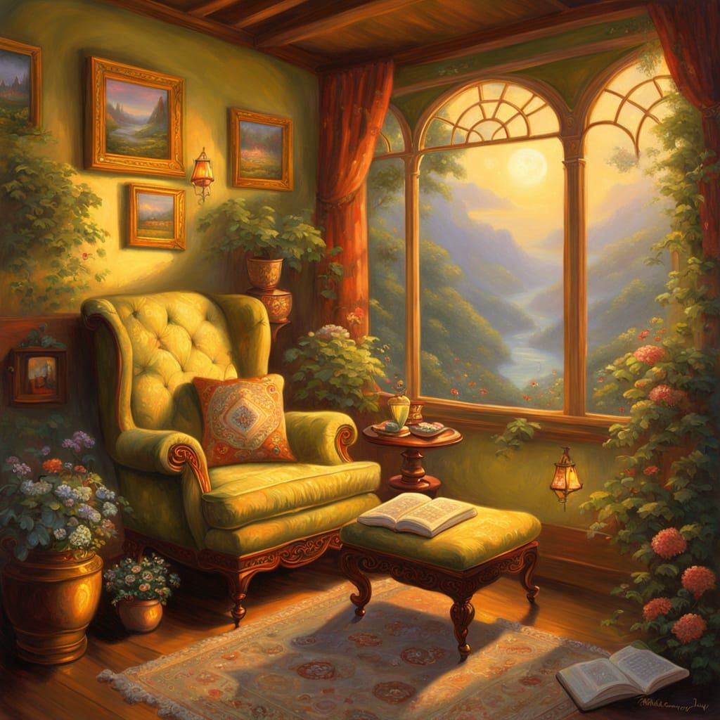 Cozy Reading Nook in Ethereal Oil Painting