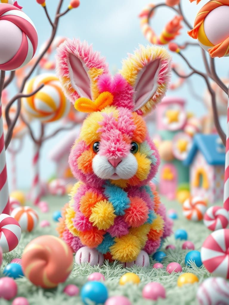 Colorful Pom-Pom Bunny in Candyland, Digital Illustration