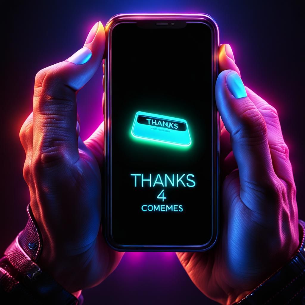 Hyperrealistic Hands Holding Phone with Neon Text