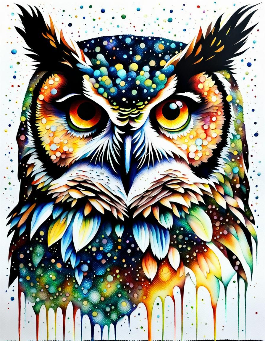 Exploding Owl in Pointillism Style