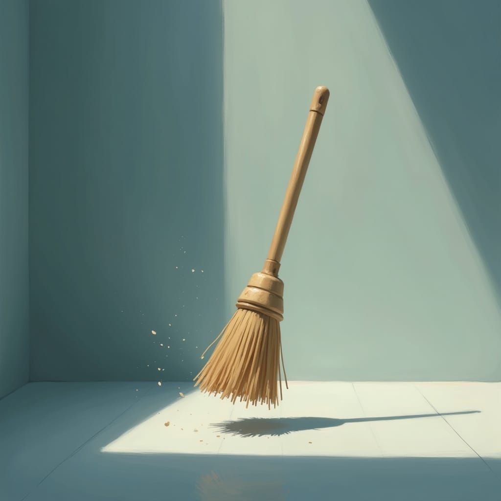 Zen Broom Levitating in Minimalist Corner, Digital Painting