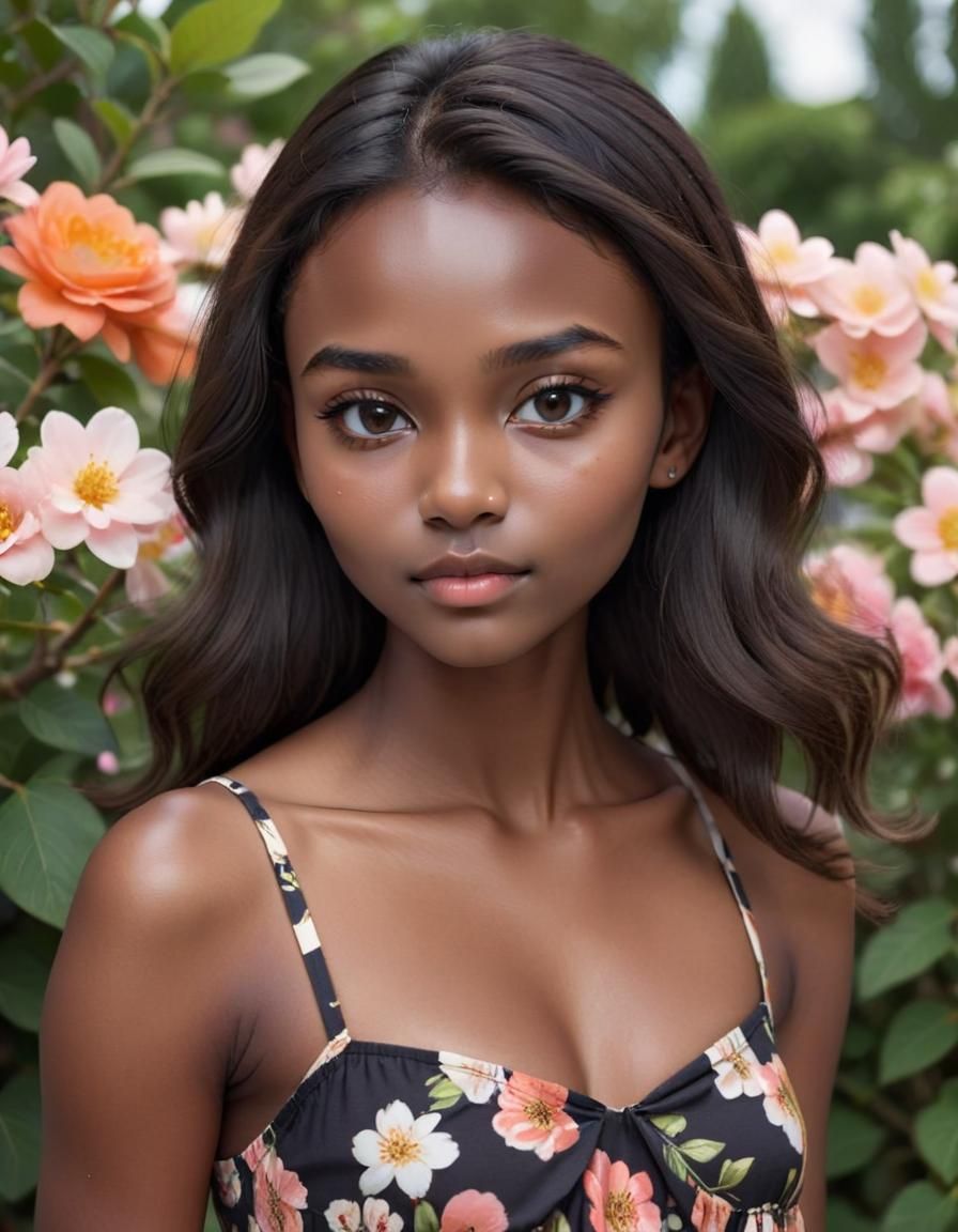 Elegant Dark Skinned Woman in Floral Sundress