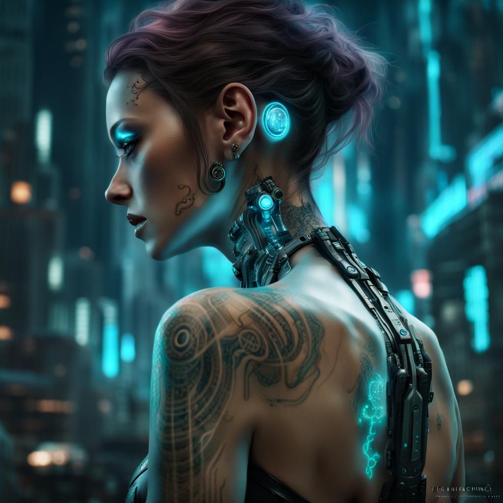 Cyberpunk Woman with Bioluminescent Tattoos and Bionics