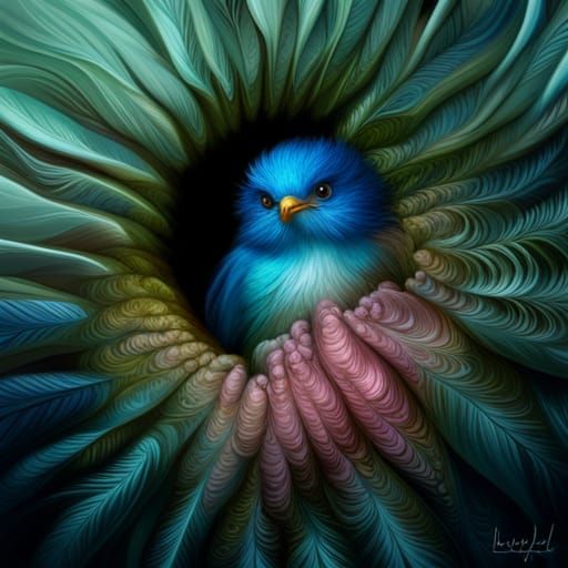 Cute Blue Bird with Fractal Flowers in Pixel Art
