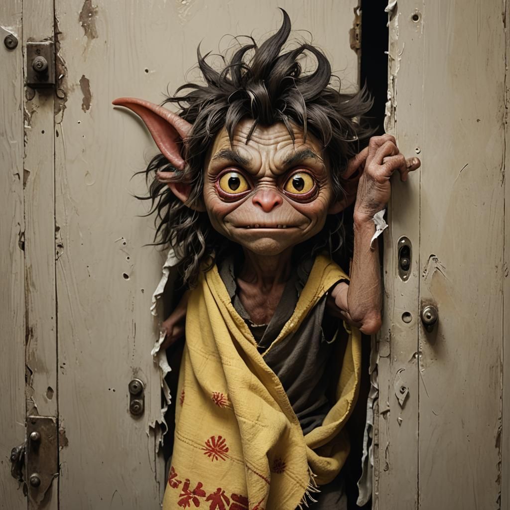 Naughty Brown Goblin Peek Behind Toilet Door