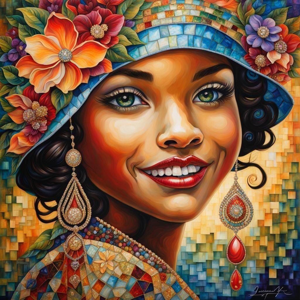 Joyful Mosaic Portrait in Expressionist Art Deco Style