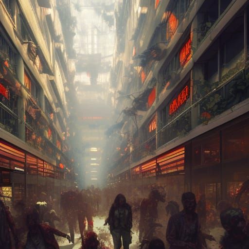 Zombie Outbreak at Mall in Hyperdetailed Digital Art