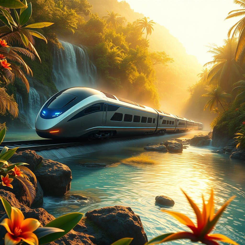 Sleek Train Speeds Along Tropical River in Fantasy Concept A...