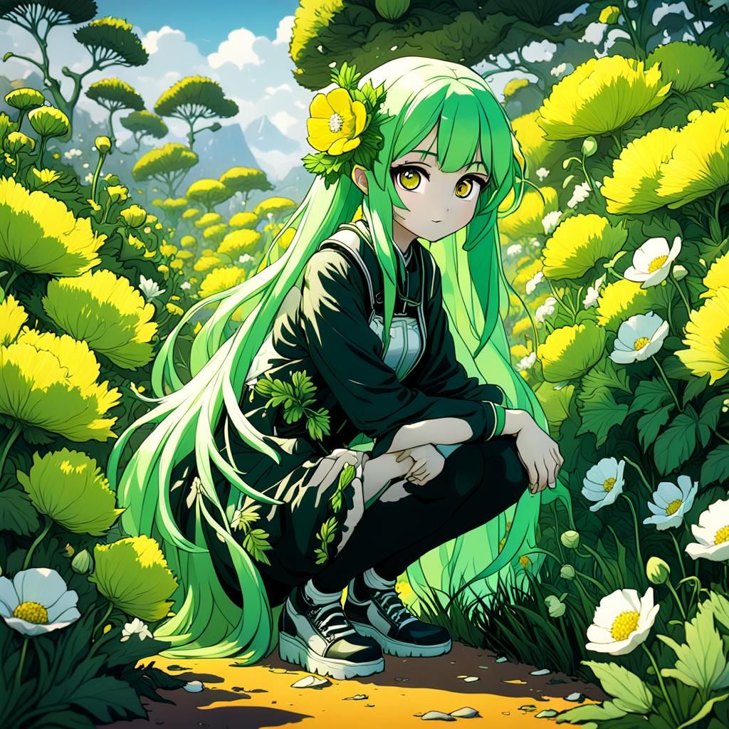 Anime Girl with Green Hair and Matilija Poppy Bush