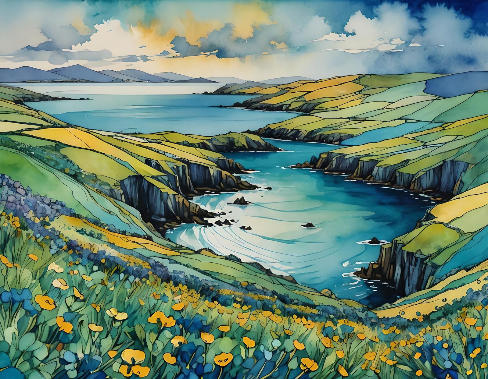 Geometric Irish Landscape in Watercolor and Ink