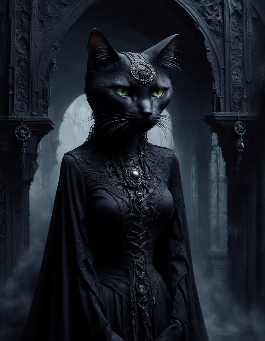 Gothic Feline Figure in Dark, Mystical Settings