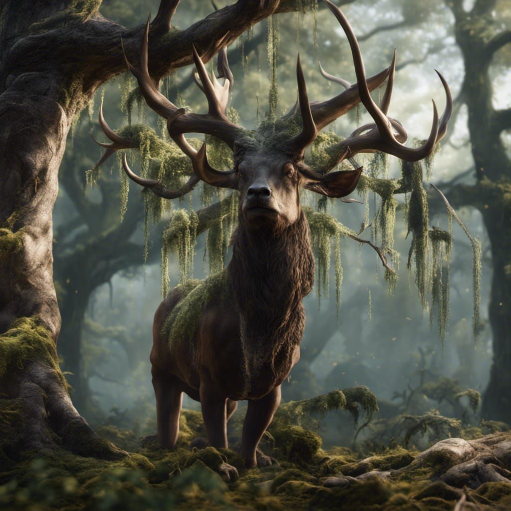 Photorealistic Forest Creature with Mossy Antlers