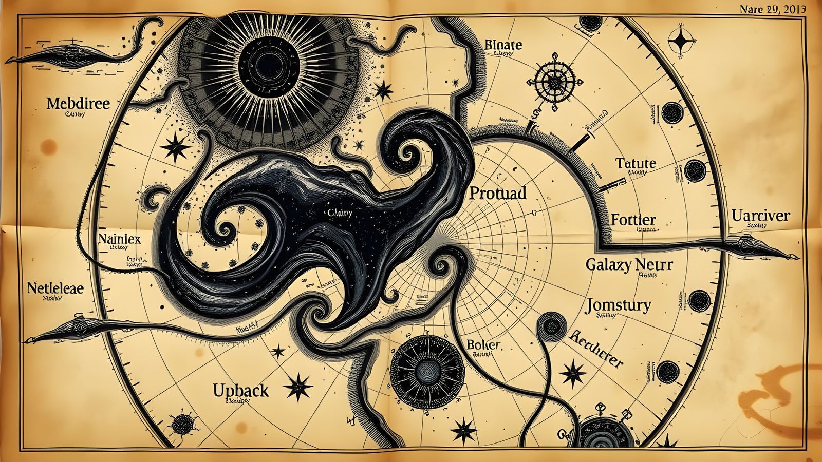 Medieval Galaxy Map with Swirling Nebulae and Stellar Detail...