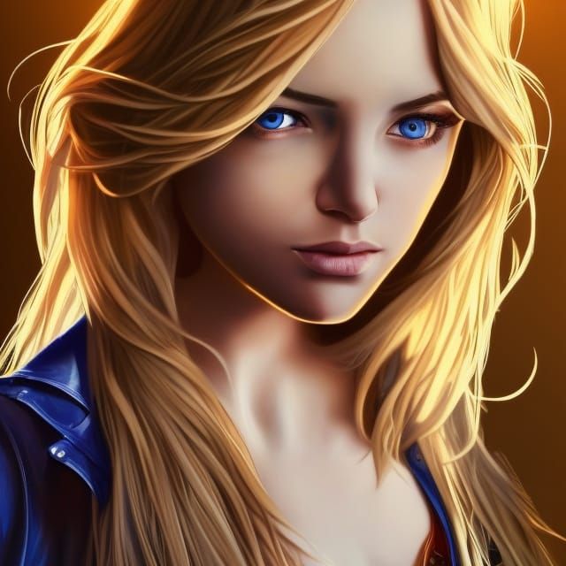 blonde haired flowing in the wind woman with blue eyes in a ...