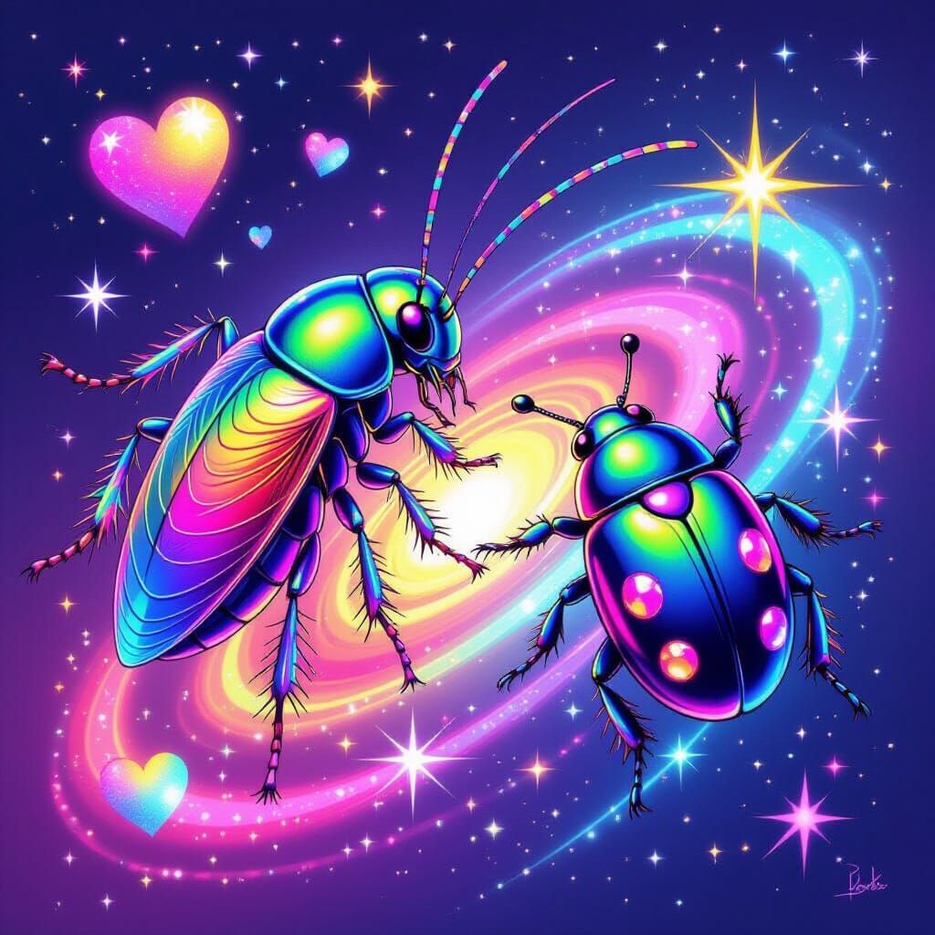 Lisa Frank Style Cockroach and Beetle Art