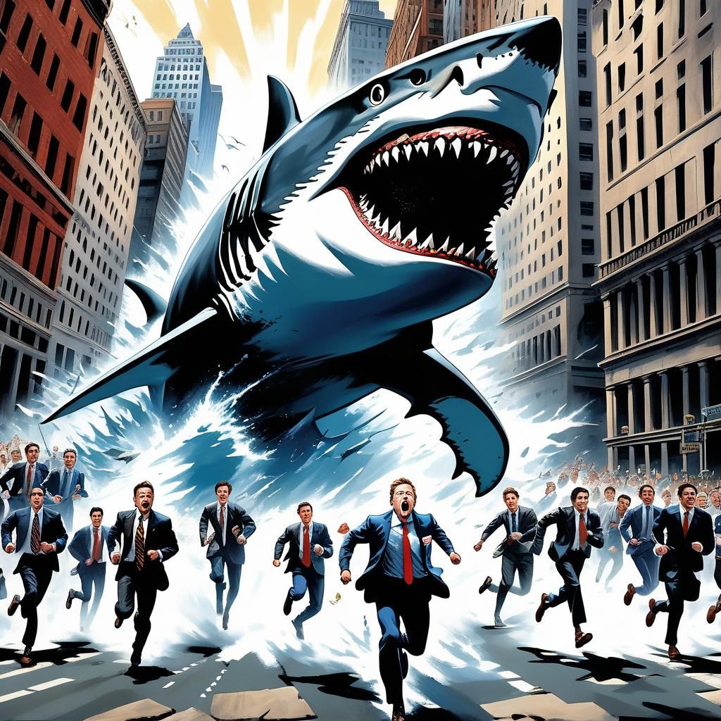 Shark Attack on Wall Street: Magic Realism Illustration