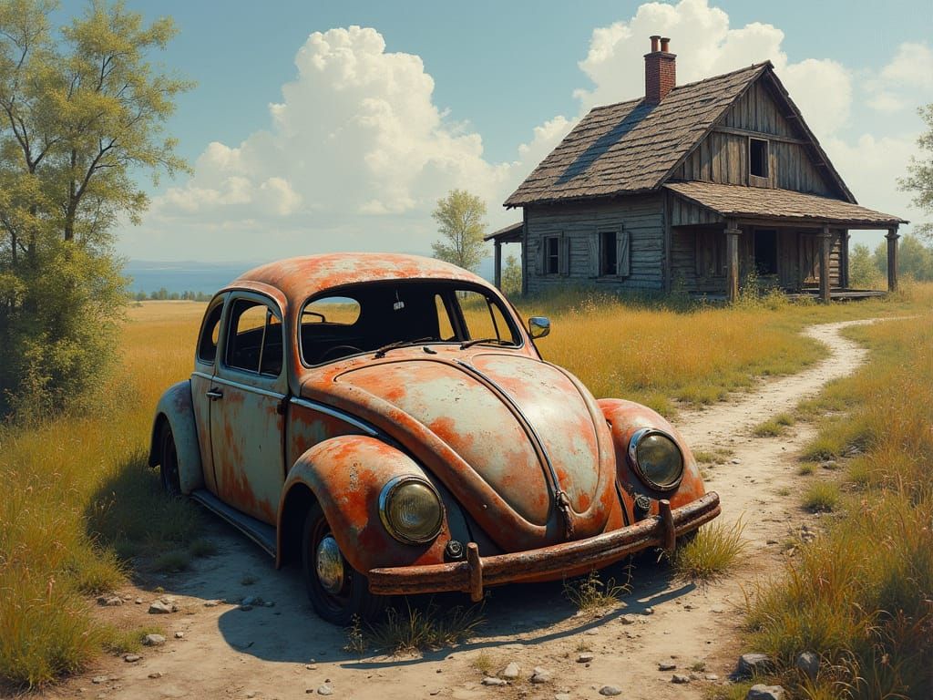 Abandoned VW Beetle: Surreal Oil Painting