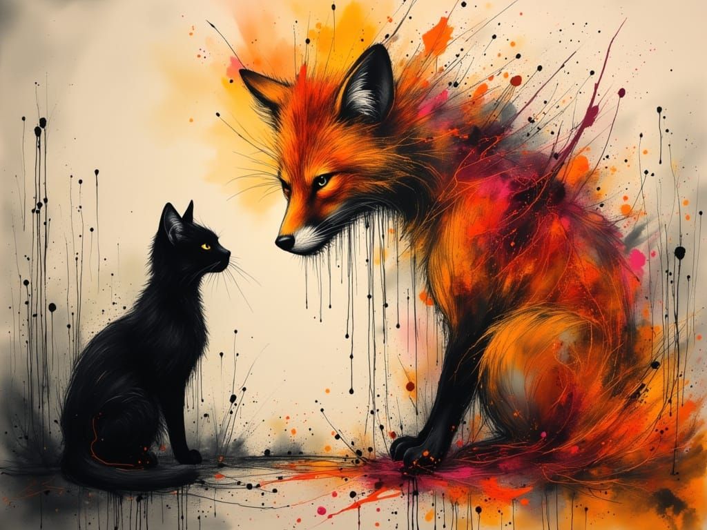 Black cat and Kitsune fox