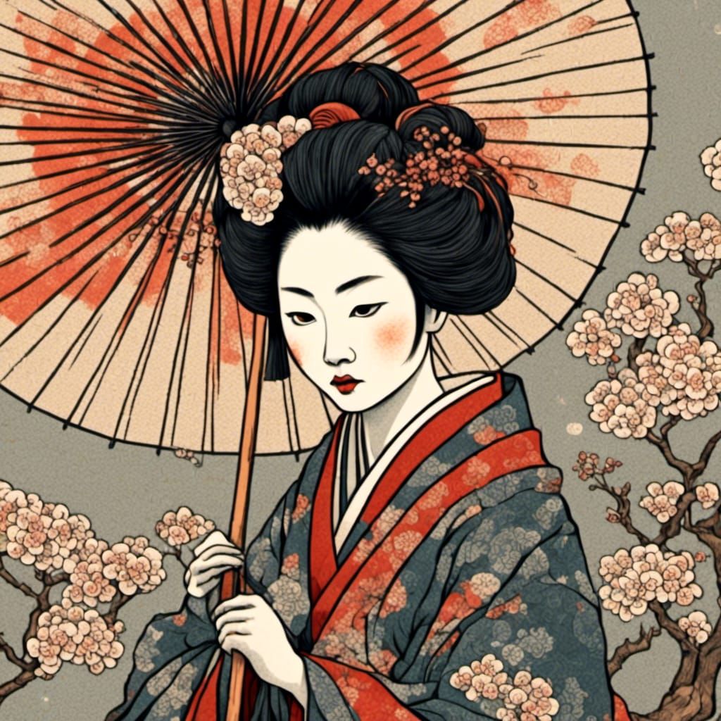 Ukiyo-e Samurai Geisha with Cherry Blossoms