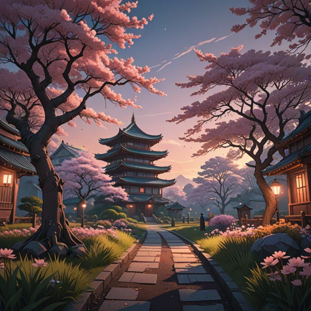Cherry Blossoms in Vibrant Anime Inspired Garden
