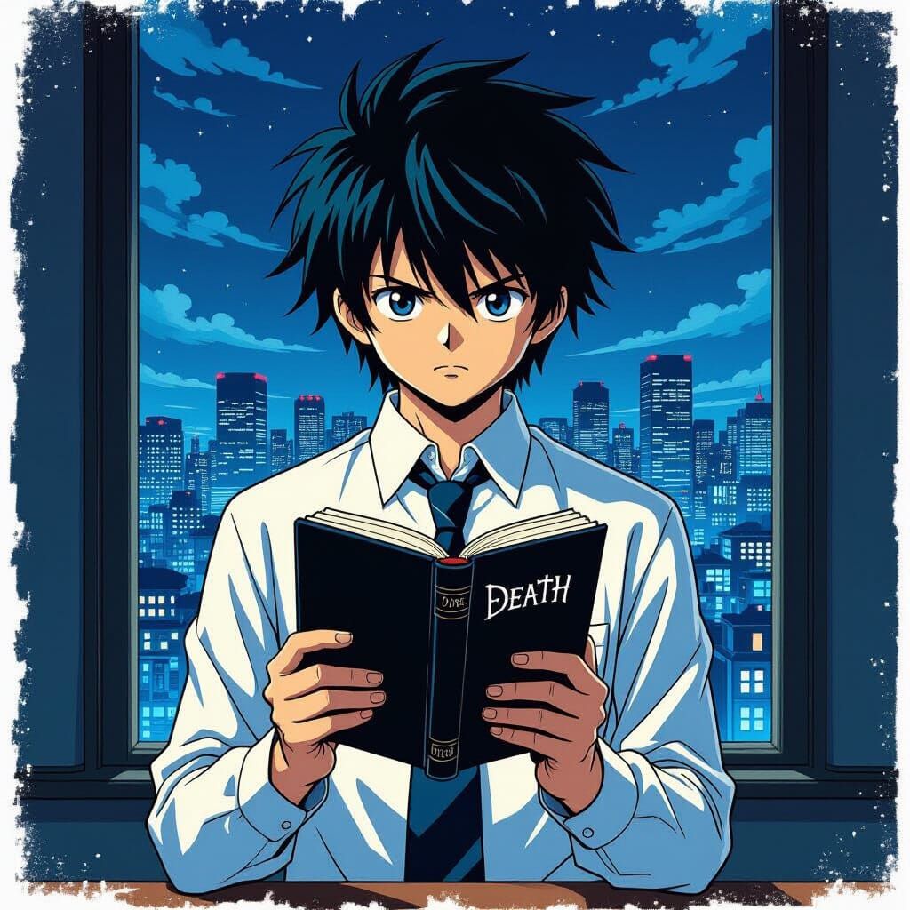 Anime Boy with Death Note Notebook in Cityscape