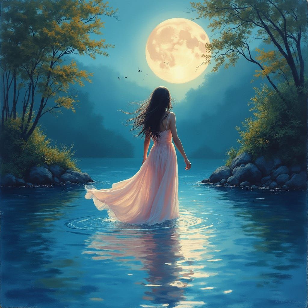 Dreamy Watercolor of a Woman in a Moonlit Lake