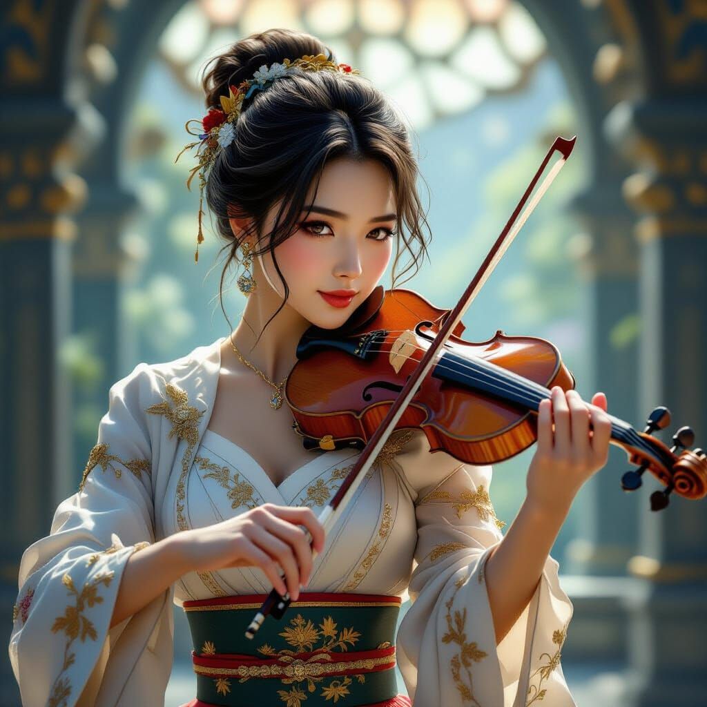 Elegant Japanese Violinist Portrait in Art Nouveau Style