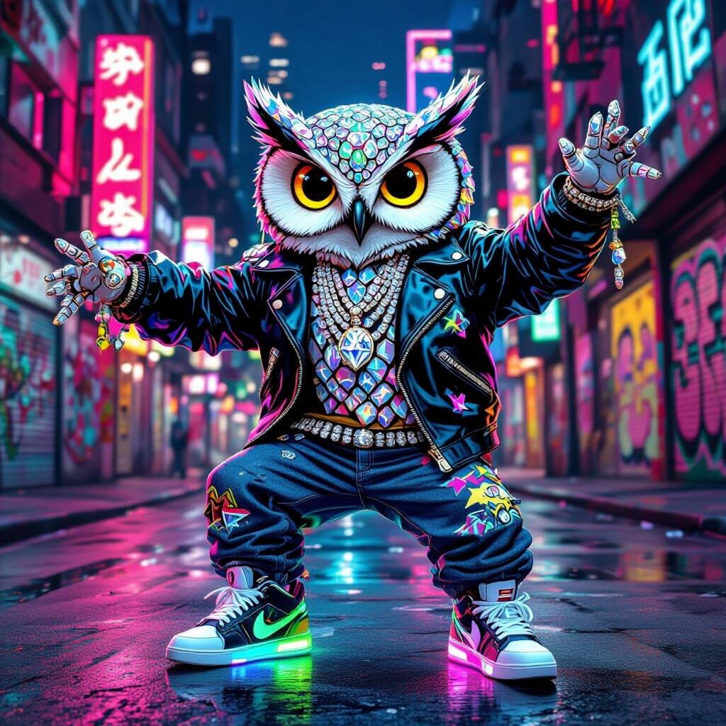 Diamond Owl Breakdancing in Pop Art Style