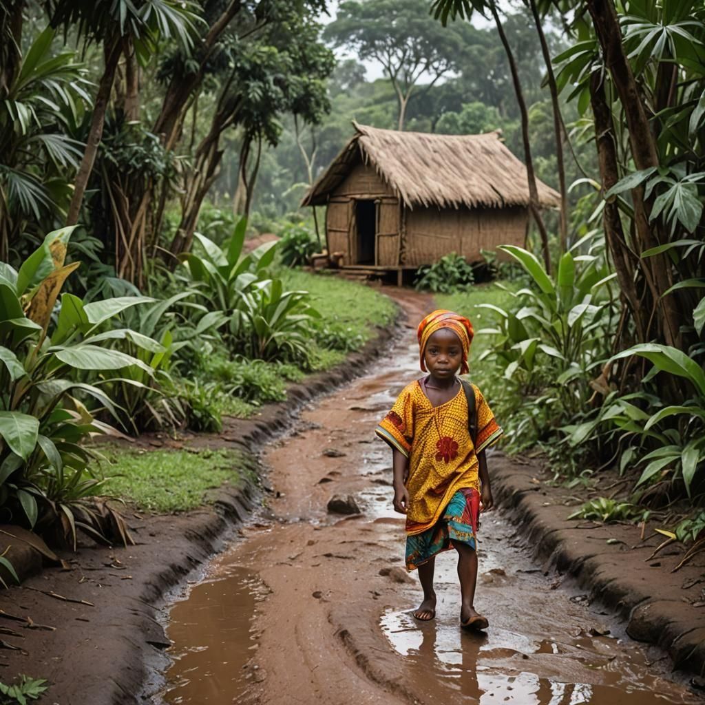 African Girl Walks Jungle Path on Rainy Day