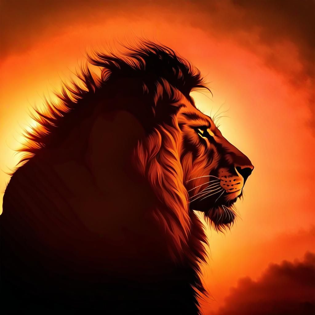 Lion Silhouette in Crimson Sunset Glow