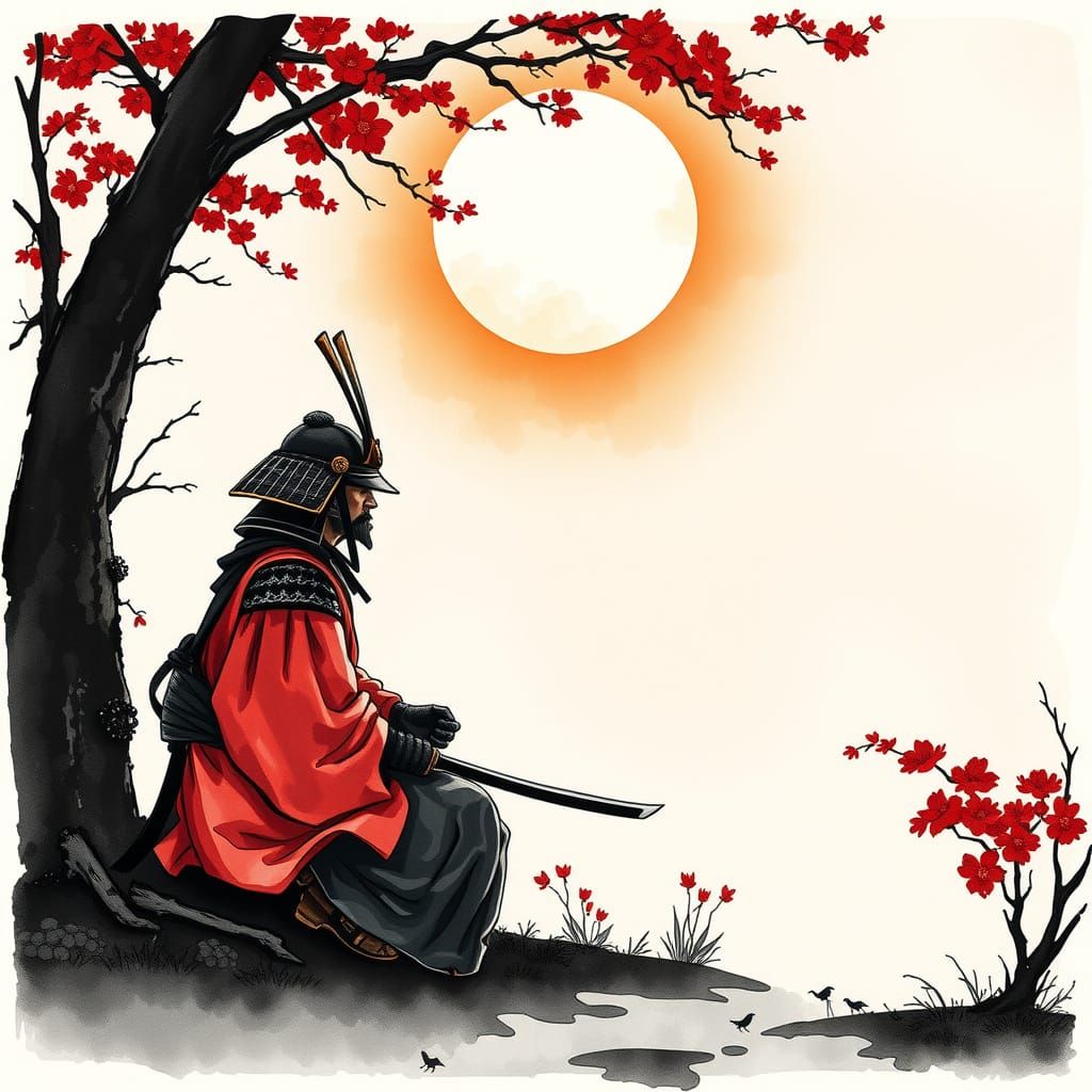 Samurai Contemplation in Feudal Japan: Pen and Ink Illustrat...