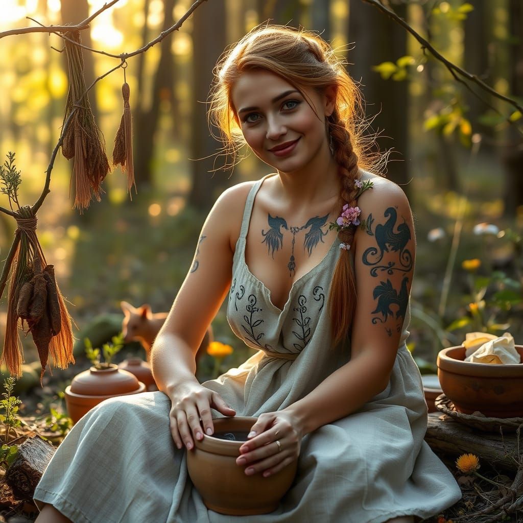 Slavic Herbalist Woman in Forest Clearing