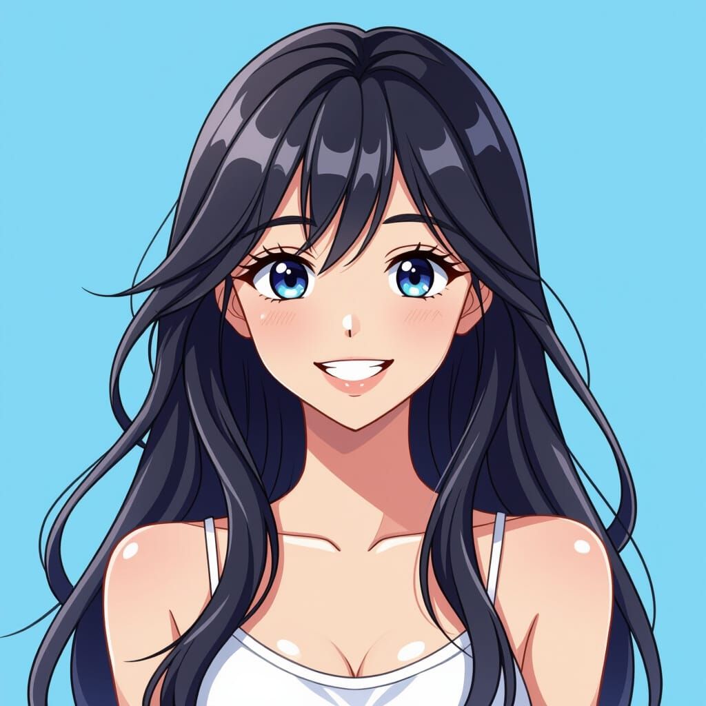 Cheerful Anime Woman Portrait with Long Hair