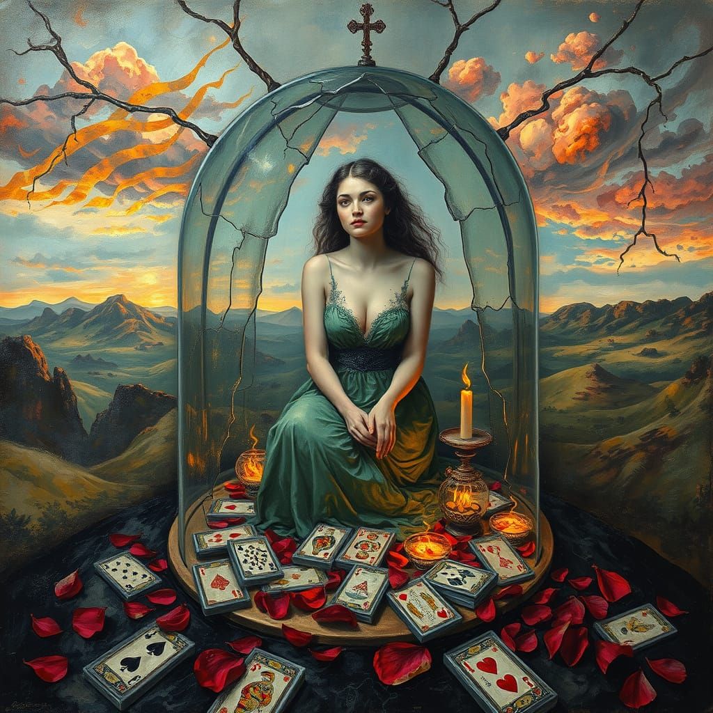 Woman in Glass Chamber with Tarot Cards